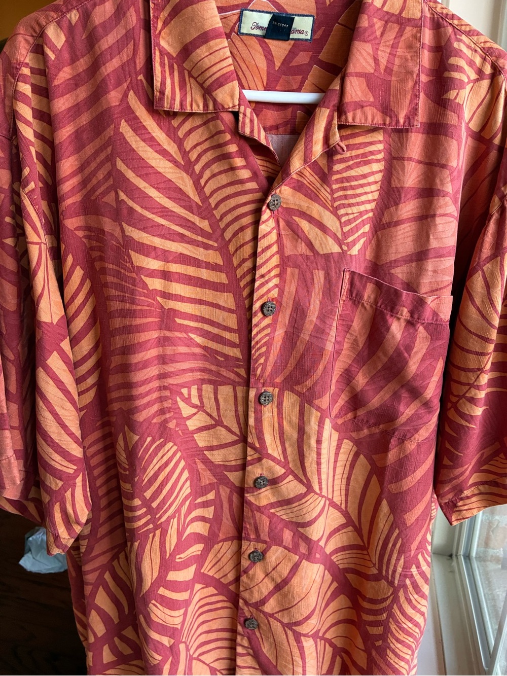Tommy Bahama Orange and Red Tropical Leaf Camp Shirt